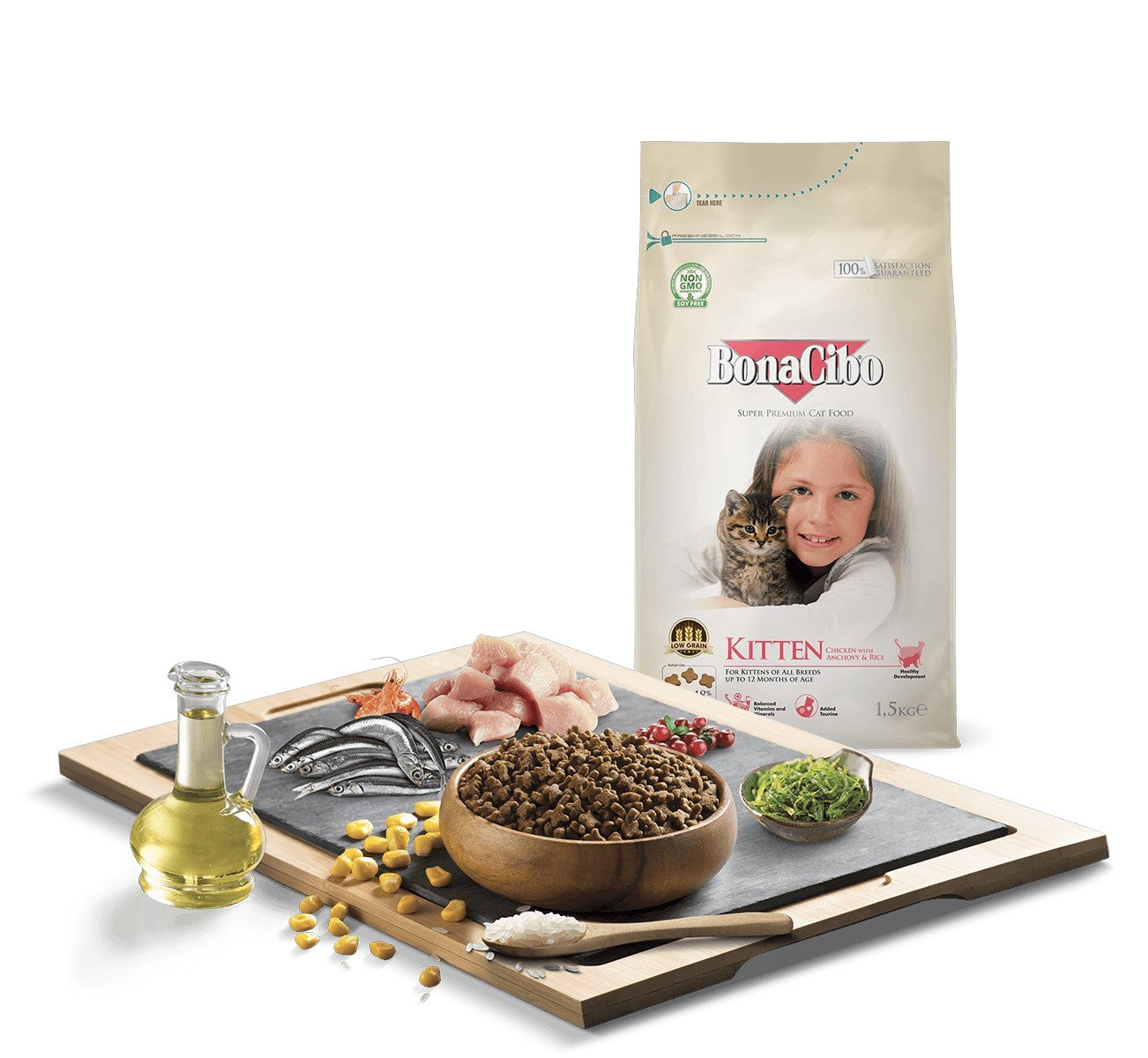 "BonaCibo Kitten Food – specially formulated with high-quality protein, essential vitamins, and minerals to support healthy growth, strong immunity, and optimal development in kittens."