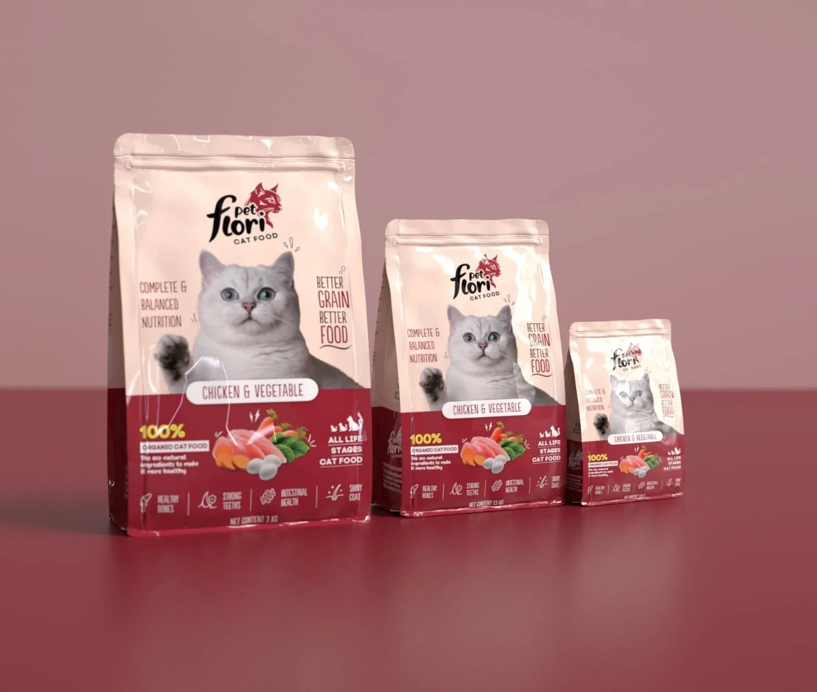 "Flori Pet Cat Food – a delicious chicken & vegetable recipe packed with essential nutrients to support healthy digestion, strong muscles, and overall well-being for adult cats."
