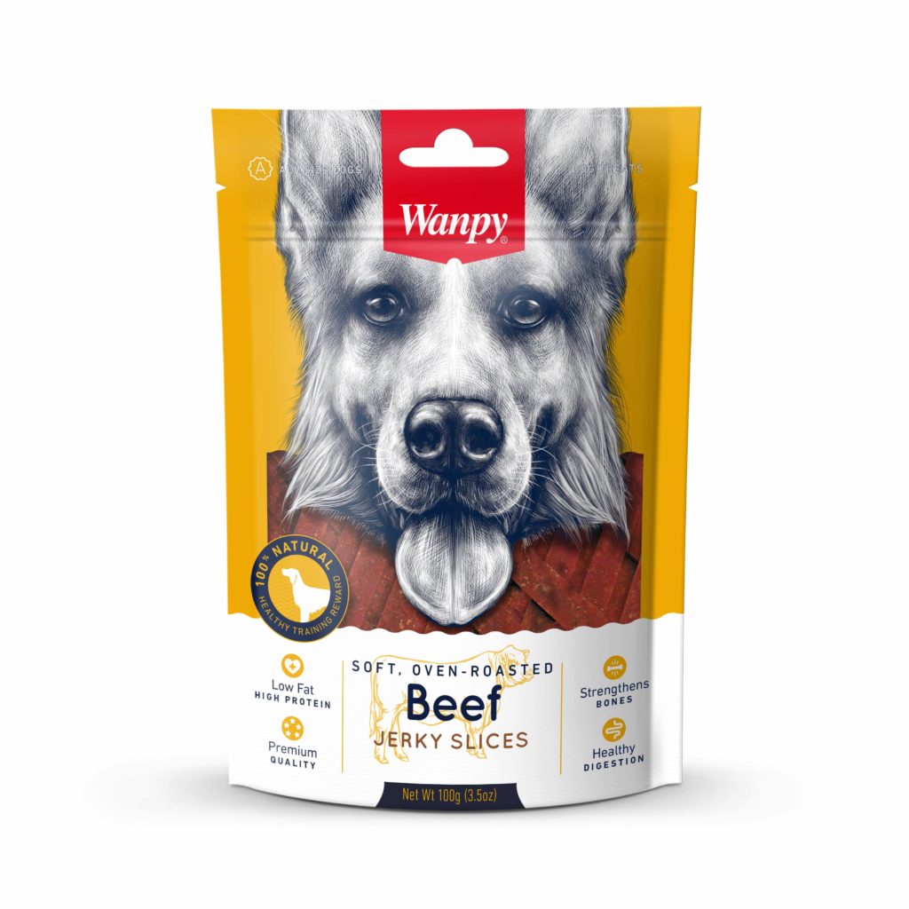 Wanpy Adult Dog Soft Beef Jerky Slices Pouch - 100G – Delicious, high-protein dog treats made with real beef. Soft and chewy texture perfect for training or rewarding your furry friend. Healthy, nutritious, and packed with flavor to keep your dog happy and satisfied.