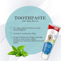 For dogs pleasant flavour eases dental hygiene.
Contains: toothpaste 100g
Finger toothbrush, finger massage brush as well as two-sided toothbrush with two different brush heads.
