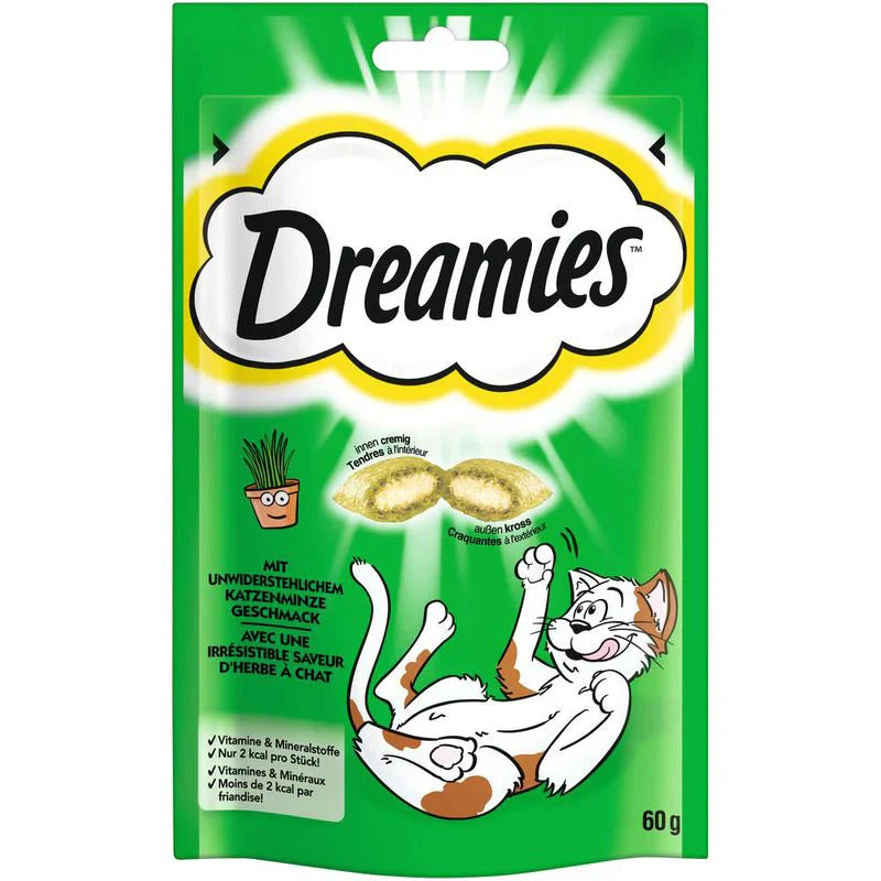 Indulge your cat with Dreamies Crunchy &amp; Tasty Dry Cat Treats – a delicious, crunchy snack with a soft, creamy center. Perfect for rewarding and training. Shop now!