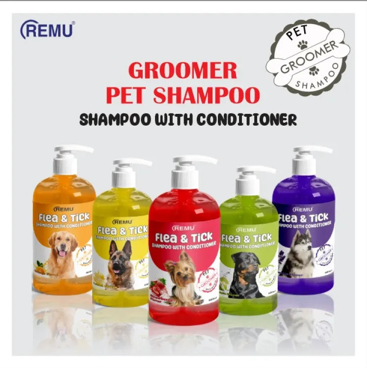 REMU Groomer Flea &amp; Tick Shampoo for Dogs – Effectively eliminates fleas, ticks, and pests while keeping your dog's coat clean, healthy, and shiny. Gentle, soothing formula for all breeds.