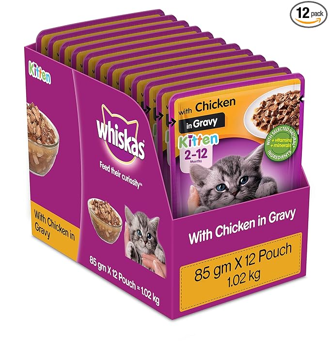 Whiskas Kitten Cat Food 2-12 Months in Jelly Pouch - 85G provides complete and balanced nutrition for growing kittens. Made with high-quality ingredients, soft jelly texture, and essential vitamins to support healthy growth and development.