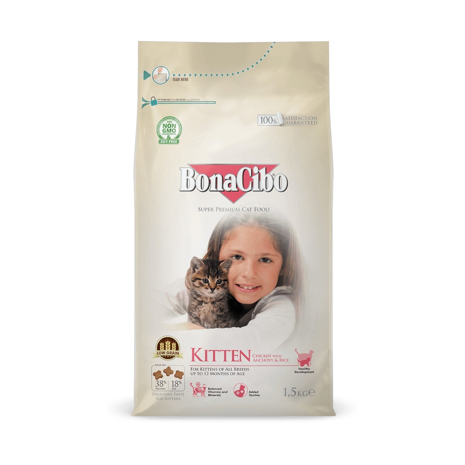 "BonaCibo Kitten Food – specially formulated with high-quality protein, essential vitamins, and minerals to support healthy growth, strong immunity, and optimal development in kittens."
