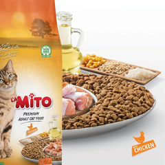"LA MITO Adult Cat Food (Chicken) – high-protein formula with essential nutrients to support healthy digestion, strong muscles, and a shiny coat. Perfect for active and adult cats."