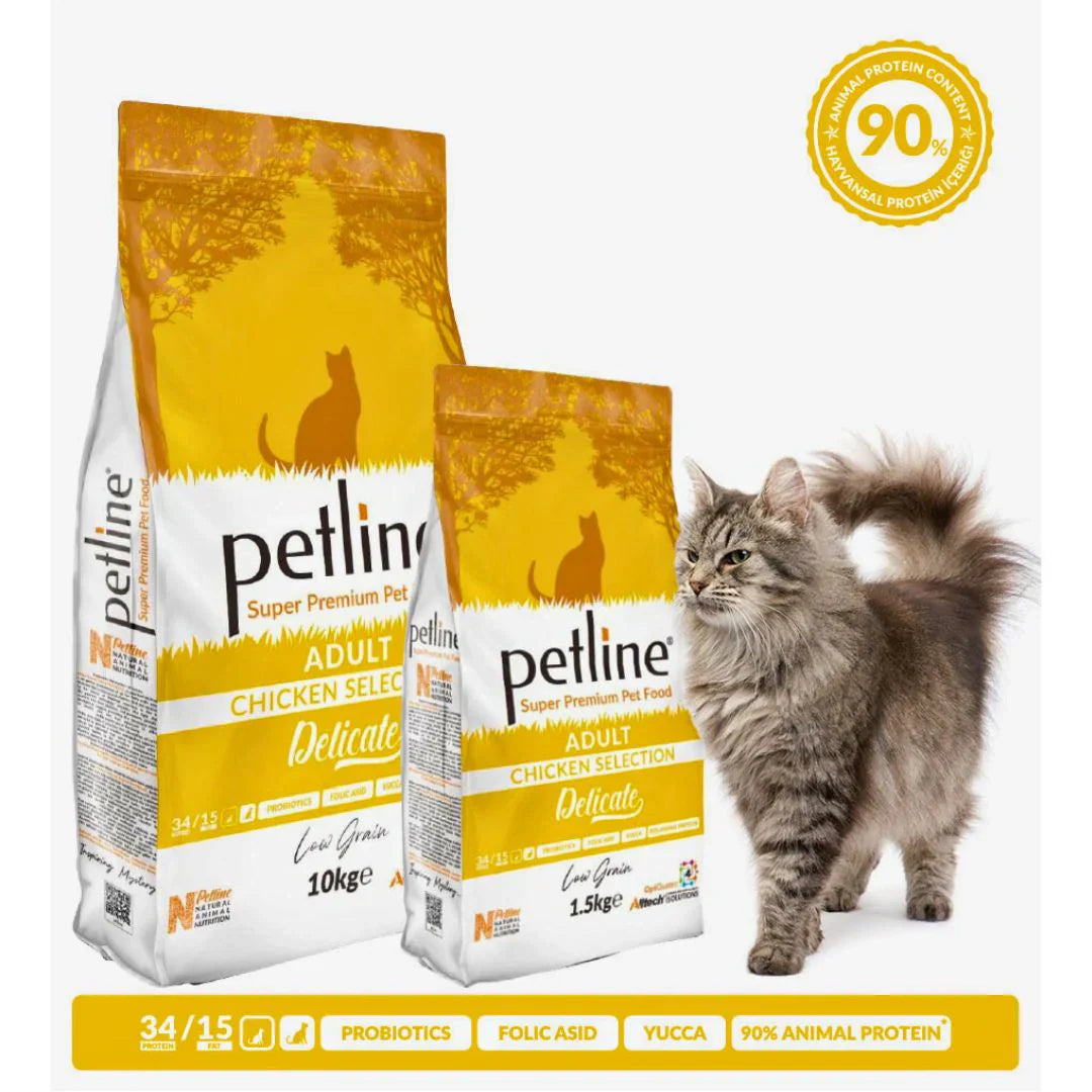 "Discover PETLINE Premium Adult Cat Food with a delicious Chicken Formula, designed to support optimal health and nutrition for your adult cat. Perfect for maintaining a balanced diet and overall well-being. Shop now!"
