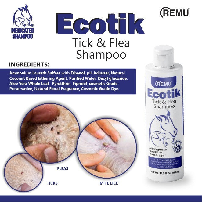 Remu Ecotik Medicated Shampoo for Dogs &amp; Cats provides anti-fungal, antibacterial, and soothing care for pets with sensitive skin. Perfect for itch relief and a healthy coat. Buy now at PetsGrocery.pk!