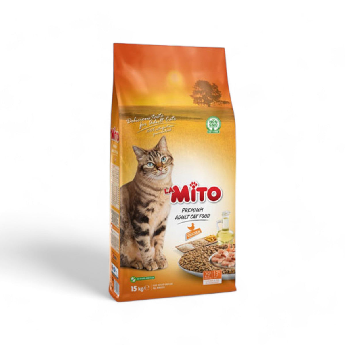 "LA MITO Adult Cat Food (Chicken) – high-protein formula with essential nutrients to support healthy digestion, strong muscles, and a shiny coat. Perfect for active and adult cats."