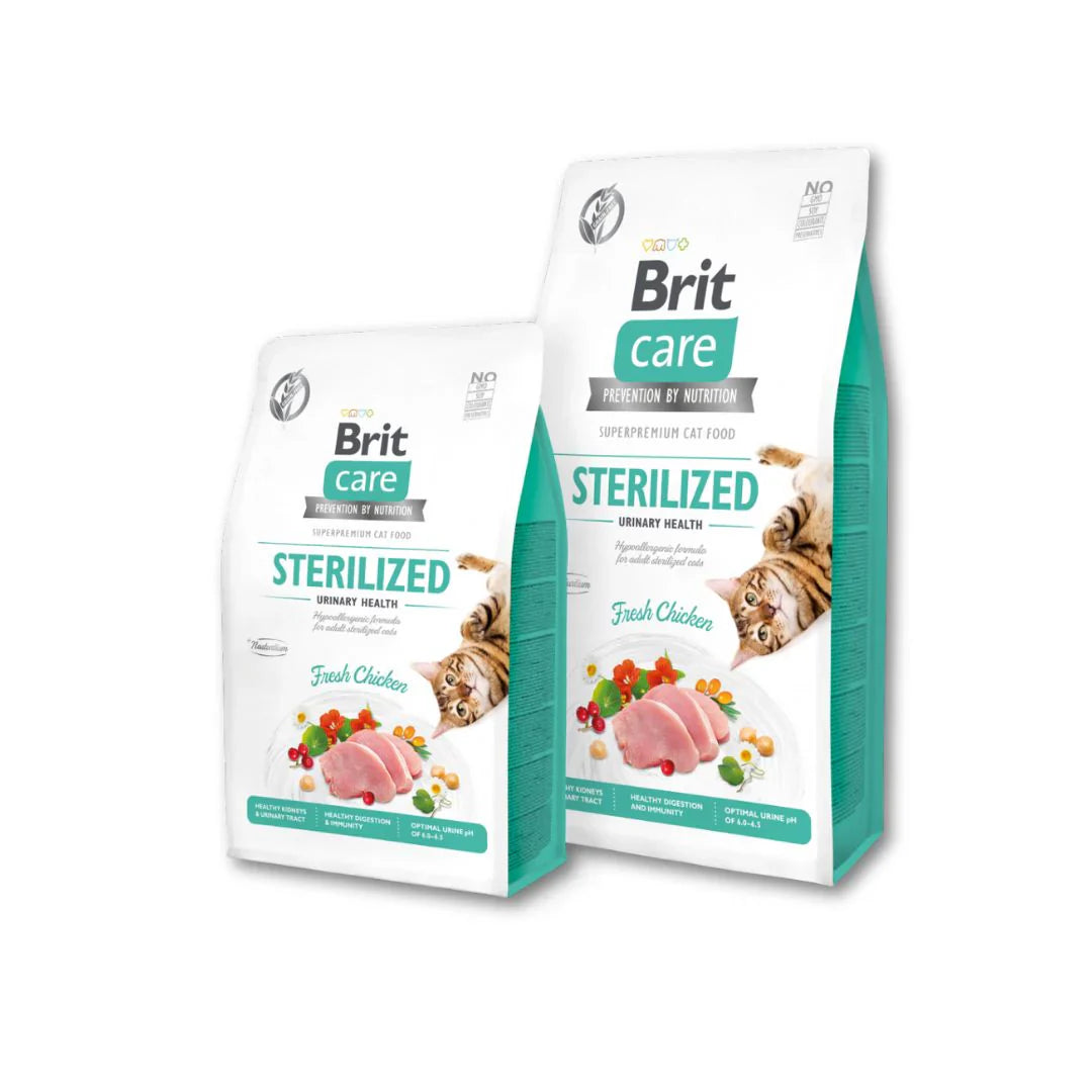 "Brit Care Grain-Free Sterilized Cat Food – specially formulated to support urinary health, maintain optimal weight, and provide balanced nutrition for neutered and sterilized cats."