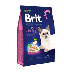"Brit Premium by Nature Adult Cat Food – made with high-quality chicken to support healthy digestion, strong muscles, and a shiny coat. Perfect for active and adult cats."