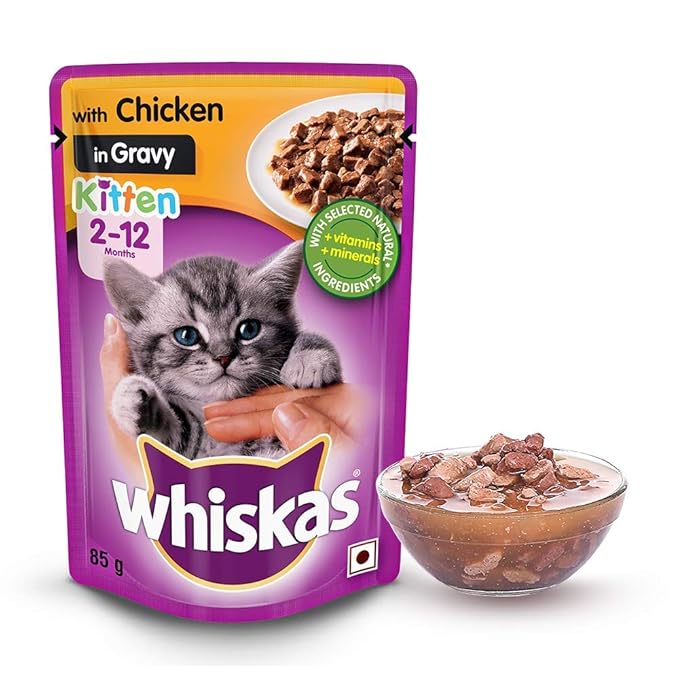 Whiskas Kitten Cat Food 2-12 Months in Jelly Pouch - 85G provides complete and balanced nutrition for growing kittens. Made with high-quality ingredients, soft jelly texture, and essential vitamins to support healthy growth and development.
