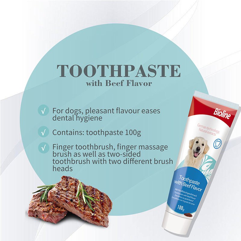 For dogs pleasant flavour eases dental hygiene.

Contains: toothpaste 100g

Finger toothbrush, finger massage brush as well as two-sided toothbrush with two different brush heads.